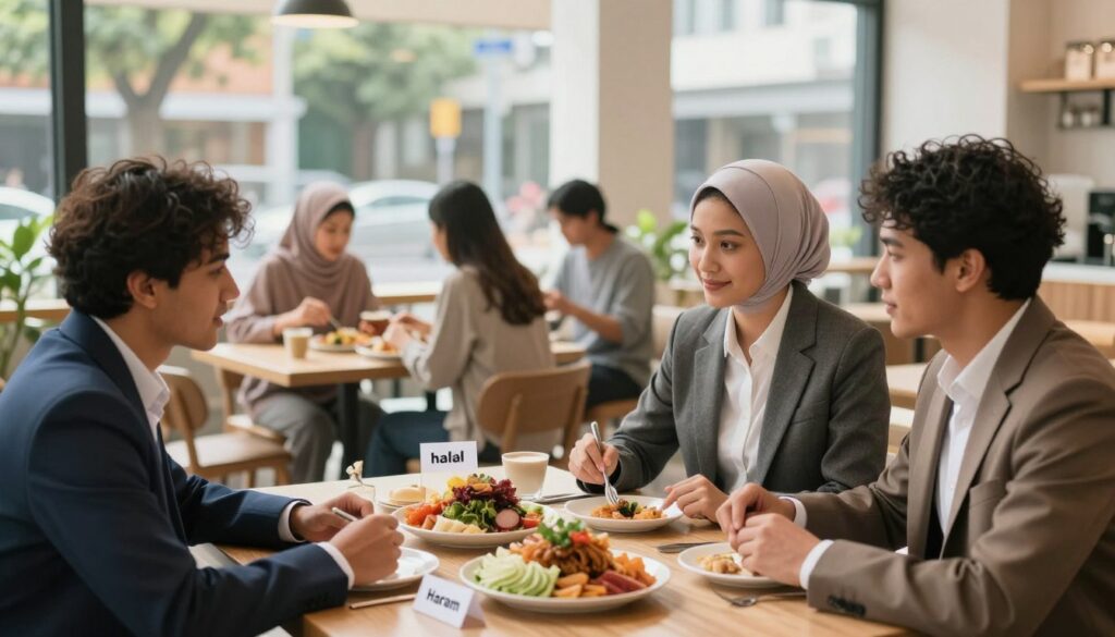 A balanced, modern scene illustrating the distinction between halal and haram in contemporary life. In the foreground, a diverse group of three individuals dressed in professional business attire and modest casual clothing are gathered around a table discussing various food items. On the table, a selection of items with clear labels indicating halal and haram choices. In the middle ground, view a serene urban café setting with people enjoying meals, symbolizing everyday choices. The background features a bright, sunny atmosphere with trees and buildings, enhancing the sense of community. Soft, natural lighting filters through, creating a warm and inviting mood. Capture this educational moment with a focus on clarity and understanding, using a wide-angle lens to encompass the entire scene.