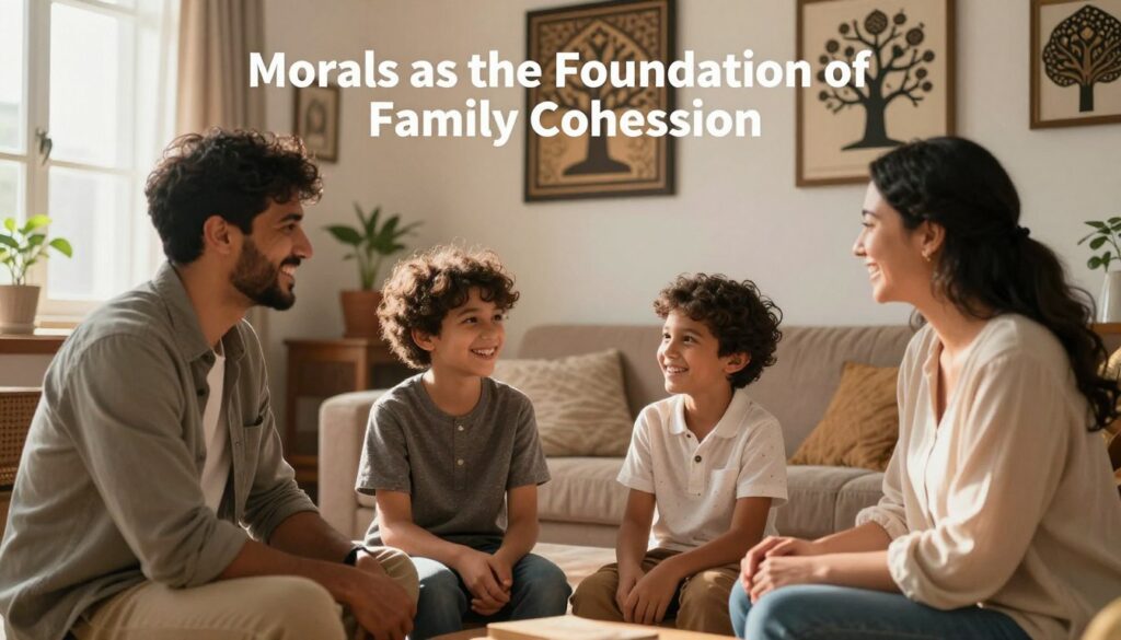 A harmonious family scene representing "Morals as the Foundation of Family Cohesion." In the foreground, a diverse family of four—father, mother, and two children—are engaged in a meaningful conversation, sharing smiles and laughter, dressed in modest casual attire. In the middle ground, a cozy living room setting with traditional decor, showcasing Islamic art and symbols of unity, like a family tree. Soft, warm lighting creates an inviting atmosphere, casting gentle shadows that emphasize togetherness. The background features a window with sunlight streaming in, symbolizing hope and positivity. The overall mood is one of love, respect, and moral values strengthening family bonds, encapsulating the essence of Islamic ethics and their impact on community building.