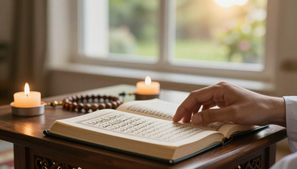 A serene and contemplative scene featuring an open Quran on a beautifully crafted wooden table, surrounded by soft, flickering candlelight. In the foreground, delicate hands are gently tracing the Arabic script, symbolizing the act of reading and reflecting on the text. The middle ground includes a pair of prayer beads, subtly highlighting spiritual mindfulness. In the background, a softly blurred window shows a tranquil garden bathed in warm sunlight, creating a peaceful atmosphere. The lighting should be warm and inviting, evoking feelings of serenity and devotion. The overall mood is one of peace and contemplation, emphasizing the profound impact of reading the Quran on a Muslim's life, both in this world and the hereafter.