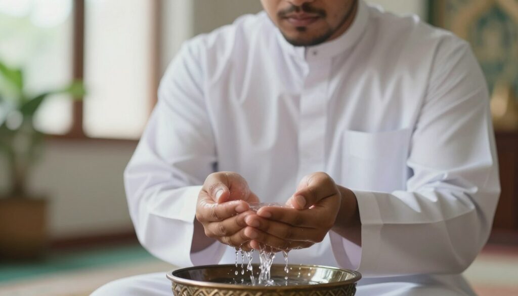 A serene and focused scene depicting the concept of "intention in ablution" (النية في الوضوء). In the foreground, a pair of hands gently cupping water from a small, ornate basin, symbolizing purity and preparation. The middle ground features a clear view of a modestly dressed individual, wearing a simple white thobe, closing their eyes in contemplation, embodying a spiritual intention. The background displays soft, diffuse lighting with hints of greenery symbolizing tranquility. A window allows natural light to filter through, creating a peaceful atmosphere. The scene evokes a sense of calm and reverence, capturing the essence of preparing for prayer. No text or additional elements are included, focusing solely on the visual representation of this important ritual.