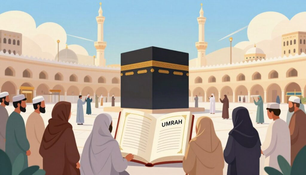 A serene and informative illustration showcasing a simplified guide to Hajj and Umrah for beginners. In the foreground, a diverse group of men and women wearing modest, traditional clothing, such as Ihram, are gathered around a beautifully designed guidebook. The middle ground features iconic landmarks like the Kaaba in Mecca, surrounded by pilgrims performing rituals. The background reveals a clear blue sky with gentle clouds, symbolizing peace and spirituality. Soft, warm lighting casts a welcoming glow over the scene, creating an atmosphere of tranquility and unity among the participants. The composition should capture the essence of guidance, faith, and the sacred journey of pilgrimage, evoking a sense of inspiration and reverence.