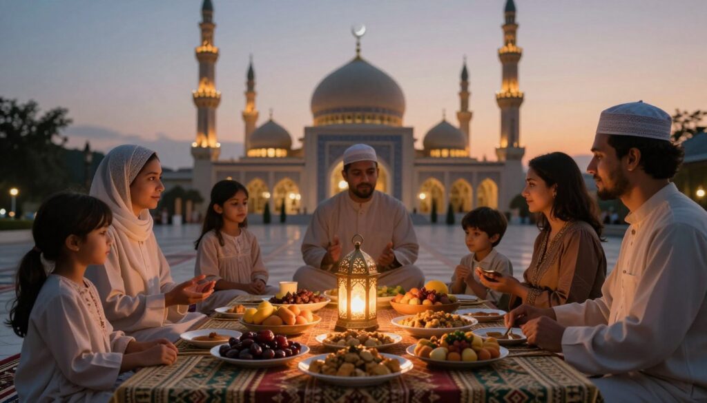 A serene and peaceful scene depicting the essence of Ramadan, focusing on its spiritual significance and acts of worship. In the foreground, a well-dressed family gathered around a beautifully adorned table laden with traditional Ramadan iftar dishes, such as dates, fruits, and aromatic dishes. In the middle, a glowing lantern casts a warm light, symbolizing the illumination of faith, alongside prayer mats neatly arranged. In the background, a softly lit mosque with intricate architecture is silhouetted against a twilight sky, showcasing a crescent moon. The atmosphere is tranquil and inviting, embodying reflection and gratitude, enhanced by soft, golden lighting that emphasizes a sense of warmth and community.