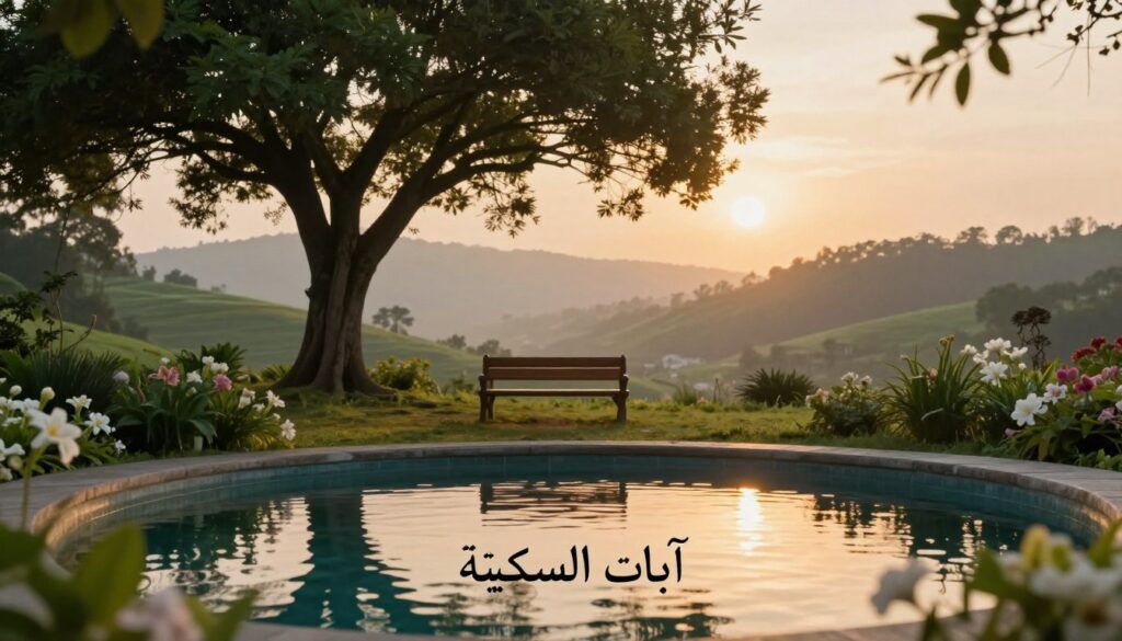 A serene and tranquil scene depicting the essence of "آيات السكينة" from the Quran. In the foreground, a calm, reflective pool of water captures the gentle light of a soft, golden sunset, symbolizing inner peace. Surrounding the pool, lush greenery with delicate, blooming flowers creates a sense of harmony and balance. In the middle ground, a small, elegant wooden bench invites contemplation, positioned beneath a large, tranquil tree with spreading branches. In the background, rolling hills fade into a soft mist, suggesting a vast and peaceful world beyond. The lighting is warm and inviting, enhancing the mood of serenity and comfort. The atmosphere feels sacred and soothing, evoking a sense of spiritual tranquility without any text or human figures, focusing entirely on the beauty of nature.