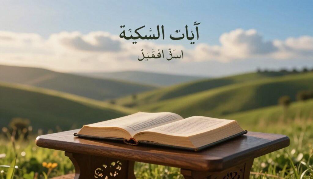 A serene and tranquil scene illustrating the spiritual essence of the "آيات السكينة" from سورة الفتح. In the foreground, an elegant open Quran rests on a beautifully crafted wooden table, with soft, warm light illuminating its pages. The middle ground features soft, undulating hills with lush greenery, reflecting peace and calmness. In the distance, gentle clouds hover in a clear blue sky, symbolizing hope and serenity. The ambiance is infused with a golden hour glow, creating a warm and inviting atmosphere. The entire composition embodies tranquility and spiritual solace, inviting the viewer to reflect on inner peace and divine reassurance. No people are present, ensuring a focus on the sacred text and nature's beauty.