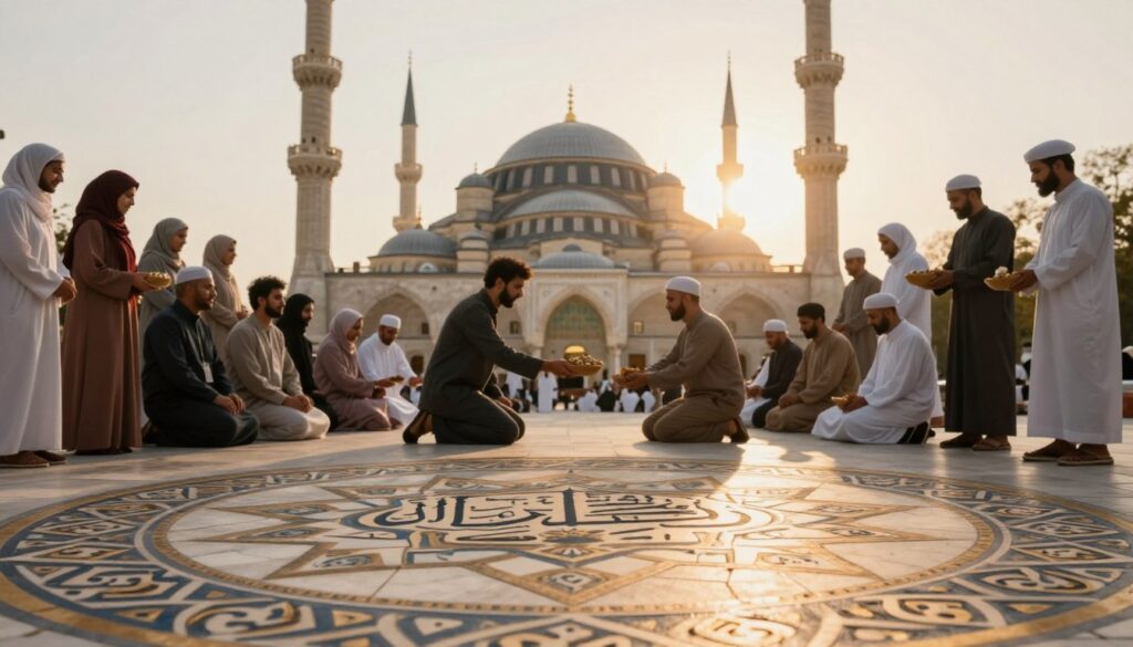 A serene and uplifting scene depicting the core values of Islam, represented through symbolic elements. In the foreground, a beautifully designed geometric pattern combining traditional Islamic motifs, such as arabesques and calligraphy detailing the phrases like "compassion," "justice," and "community." In the middle ground, a diverse group of people—men and women in professional attire and modest casual clothing—engaging in acts of kindness, such as aiding each other and sharing resources. The background features a mosque with elegant minarets, bathed in warm, golden sunlight, conveying a sense of peace and harmony. Soft, diffused lighting enhances the atmosphere, evoking feelings of hope and unity within the community. The perspective is slightly elevated to capture the interconnectedness of the group and their environment, inviting the viewer into this harmonious vision.