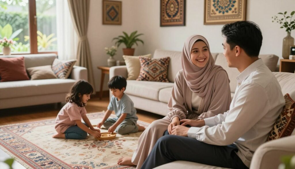 A serene family scene in a cozy, well-lit living room illustrating the foundations of a happy Islamic marriage. In the foreground, a couple is sitting together on a comfortable sofa, dressed in modest, professional attire, engaged in a meaningful conversation, with genuine smiles and expressions of love and support. In the middle, their children are playing contentedly on a soft rug, surrounded by warm, inviting decor that reflects their cultural heritage, like intricate patterns on cushions or traditional artworks on the walls. In the background, a window lets in soft, natural light, emphasizing a peaceful garden outside. The atmosphere is nurturing and joyful, conveying harmony and stability in family life, with a focus on togetherness and mutual respect. The lighting is warm and inviting, creating a sense of comfort and contentment.