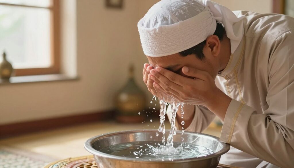 A serene indoor setting illustrating the act of washing the face during ablution (wudu). In the foreground, a person wearing traditional modest attire gently splashes water onto their face, emphasizing the cleansing process with a look of tranquility and focus. The scene is well-lit with soft, golden natural light coming from a nearby window, creating a warm atmosphere. In the middle, a simple basin filled with clear water reflects the person's hands and the ripples caused by the water splashing. The background features a calm, unobtrusive backdrop of soft colors, perhaps with faint floral patterns or a few decorative items, enhancing the sense of peace and spirituality. The overall mood conveys a sense of purity and mindfulness in the act of washing one’s face.