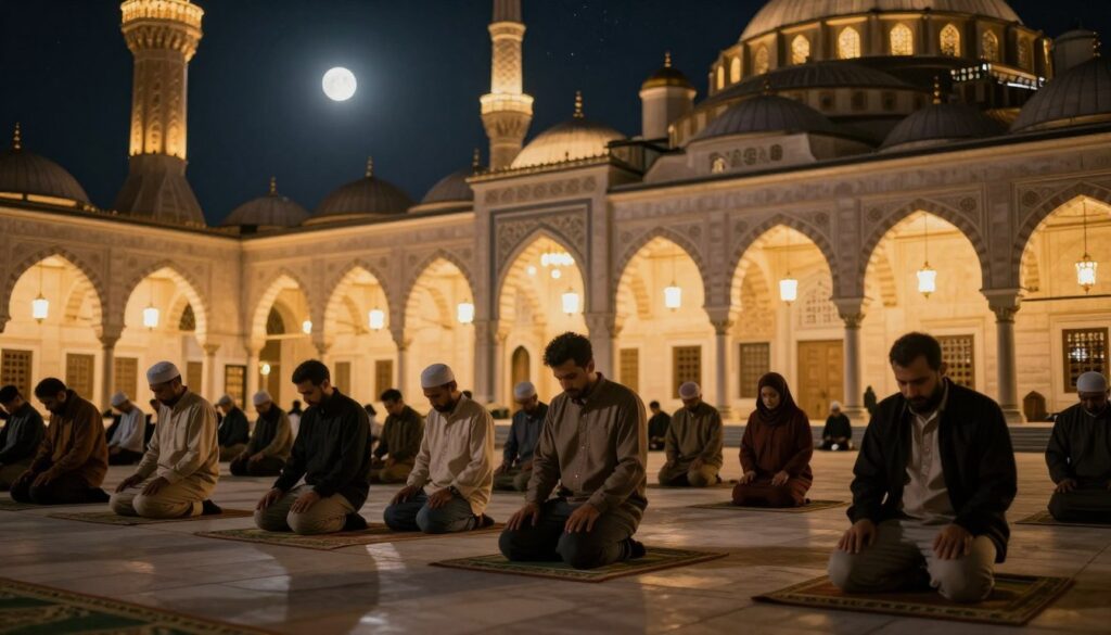 A serene nighttime scene depicting a tranquil mosque illuminated by soft, golden lights under a starry sky. In the foreground, a diverse group of individuals in modest casual clothing are engaged in Taraweeh prayers, their faces reflecting a deep sense of devotion and peace. The middle ground features intricately designed arches and beautiful lanterns adorning the mosque, adding to the atmosphere of spirituality. In the background, a calming moon hangs low, casting gentle light over the tranquil surroundings. The image captures a moment of reflection and connection with the divine, emphasizing the beauty of night prayers during Ramadan. Use warm lighting to create an inviting, peaceful mood, framing the scene with a slight tilt to add depth and focus.
