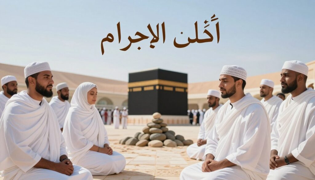 A serene scene depicting the concept of "أحكام الإحرام" in a sacred setting. In the foreground, a diverse group of men and women are dressed in simple, white Ihram garments, symbolizing purity, with their expressions reflecting devotion and focus. In the middle ground, various items representing Haj rituals, like stones for the Jamarat and a representation of the Kaaba, are artistically arranged. The background features a subtle, soft-focus image of a desert landscape under a clear blue sky, symbolizing the journey of pilgrimage. The lighting is soft and warm, evoking a sense of tranquility and reverence. The overall atmosphere is peaceful and introspective, suitable for illustrating the significance of Ihram in the pilgrimage process.