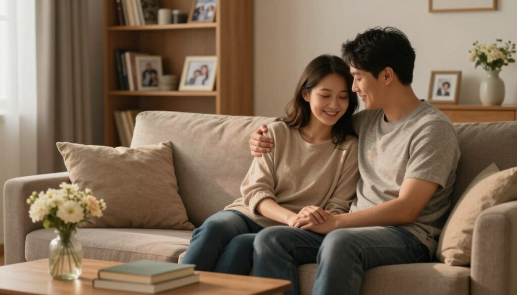 A warm and inviting scene of a happy couple sitting together on a comfortable sofa in a cozy living room, surrounded by soft, ambient lighting. The foreground features the couple, both dressed in modest casual clothing, sharing a tender moment, with gentle smiles and relaxed body language that conveys affection and understanding. In the middle ground, a coffee table adorned with books and a small vase of fresh flowers adds a touch of warmth. The background shows a bookshelf filled with family pictures, symbolizing love and stability in their home. The overall atmosphere is serene and harmonious, highlighting the themes of gentleness, empathy, and forgiveness in relationships. The image captures the essence of nurturing family bonds, inviting viewers to feel the peace and joy radiating from this intimate setting.