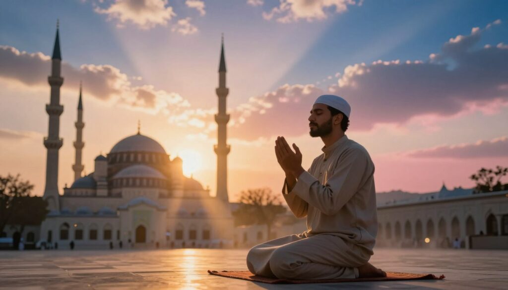 مشهد تعبيري لشخص في حالة دعاء وخشوع أمام مسجد عند الغروب