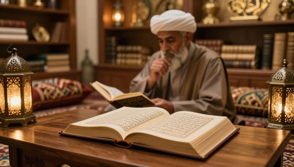 مشهد رمزي لكتاب سيرة ومجلدات علمية في مكتبة دراسية