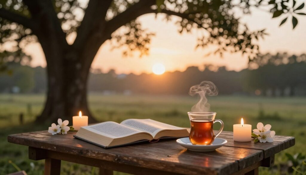 مشهد صباحي هادئ مع مصحف ونصوص أذكار الصباح والمساء