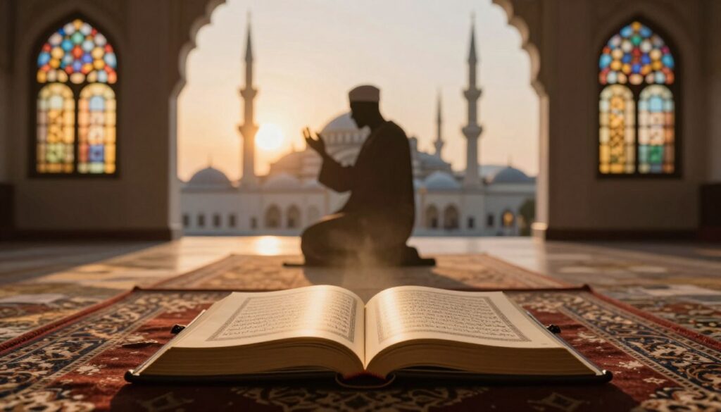 مشهد هادئ يرمز إلى خشوع الدعاء وفتح المصحف