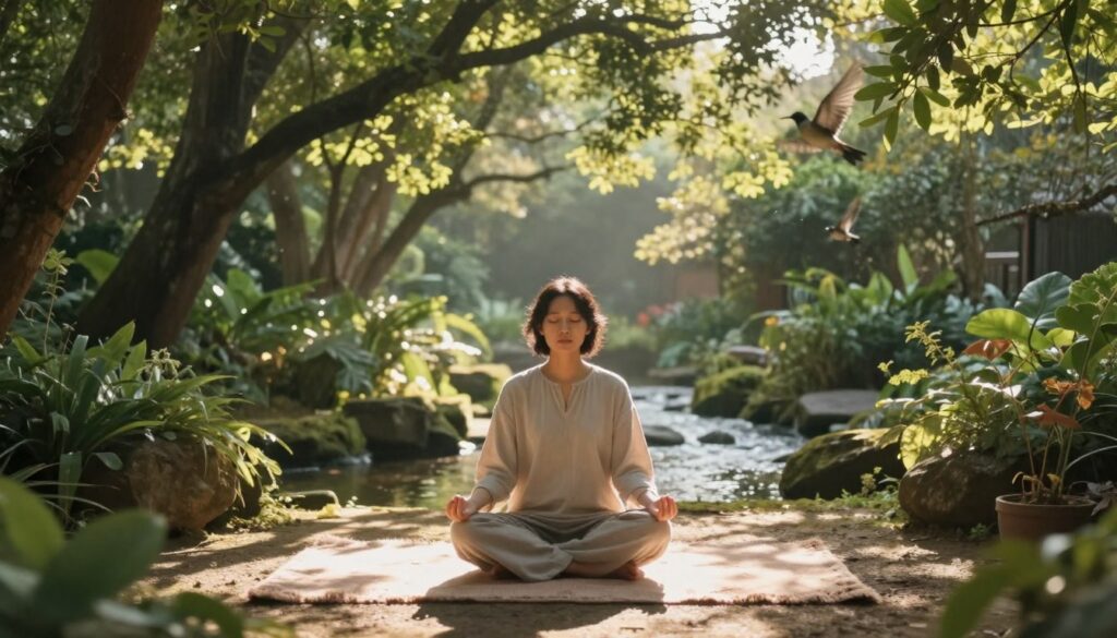 منظر صباحي هادئ لشخص يتأمل ويتلو الأذكار