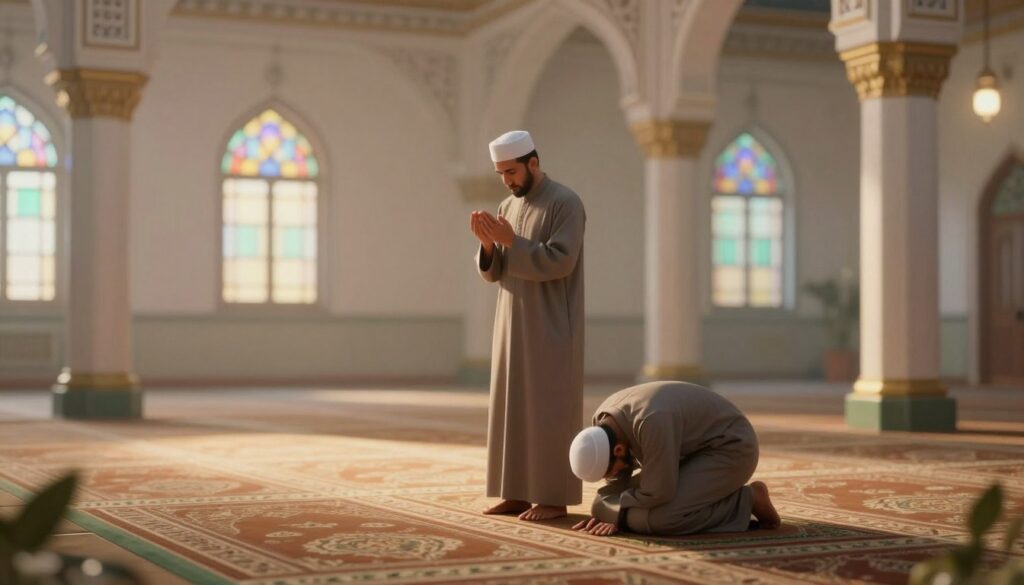 A beautifully detailed illustration of the pillars of prayer in Islam, showcasing key elements of the ritual. In the foreground, depict a serene and inviting prayer mat with intricate patterns, symbolizing the space of worship. In the middle ground, place a person dressed in modest traditional attire, demonstrating the correct posture of prayer, such as standing, bowing, and prostrating. Include soft, ambient lighting that highlights the calm atmosphere, creating a sense of spirituality and peace. The background features a softly lit mosque interior, with decorative arches and stained glass windows, adding depth and context to the scene. The overall mood is tranquil and reflective, perfect for illustrating the importance of prayer in Islam.