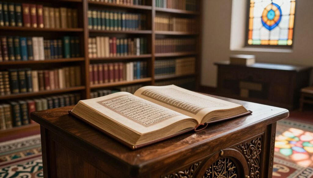 A beautifully illuminated scene showcasing a well-organized study space dedicated to Islamic scholarship. In the foreground, an ornate wooden desk displays an open ancient manuscript featuring the text of the Hadith, "من صام رمضان إيمانًا واحتسابًا," with intricate calligraphy. In the middle ground, shelves filled with classic Islamic texts and books create a rich backdrop, while soft, warm light filters through a stained glass window, casting colorful patterns on the floor. The atmosphere is serene and contemplative, inviting deep reflection. The setting should be timeless, conveying respect for the scholarly tradition. Use a slightly angled view that captures both the manuscript and the background, highlighting the depth of knowledge and spirituality inherent in the study.