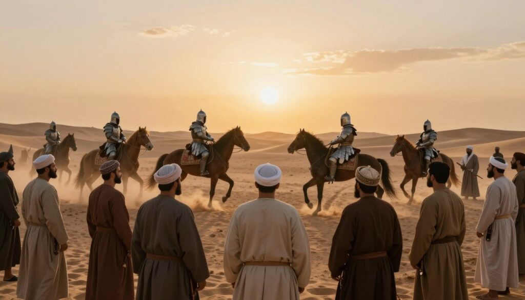 A dramatic depiction of one of the famous battles of the Prophet Muhammad ﷺ, set in a desert landscape. In the foreground, a diverse group of historical figures in modest, traditional attire symbolizes unity and leadership. In the middle ground, mounted warriors clad in historical armor engage in a strategic confrontation, showcasing bravery and valor. The background reveals a vast desert under a golden sunset, casting warm hues and shadows, creating a sense of reverence and reflection. The atmosphere is charged with tension and determination, suggesting the significance of the battle and the lessons to be learned from it. The image is captured from a low angle to emphasize the grandeur and importance of the event, with soft, natural lighting to enhance its authenticity.