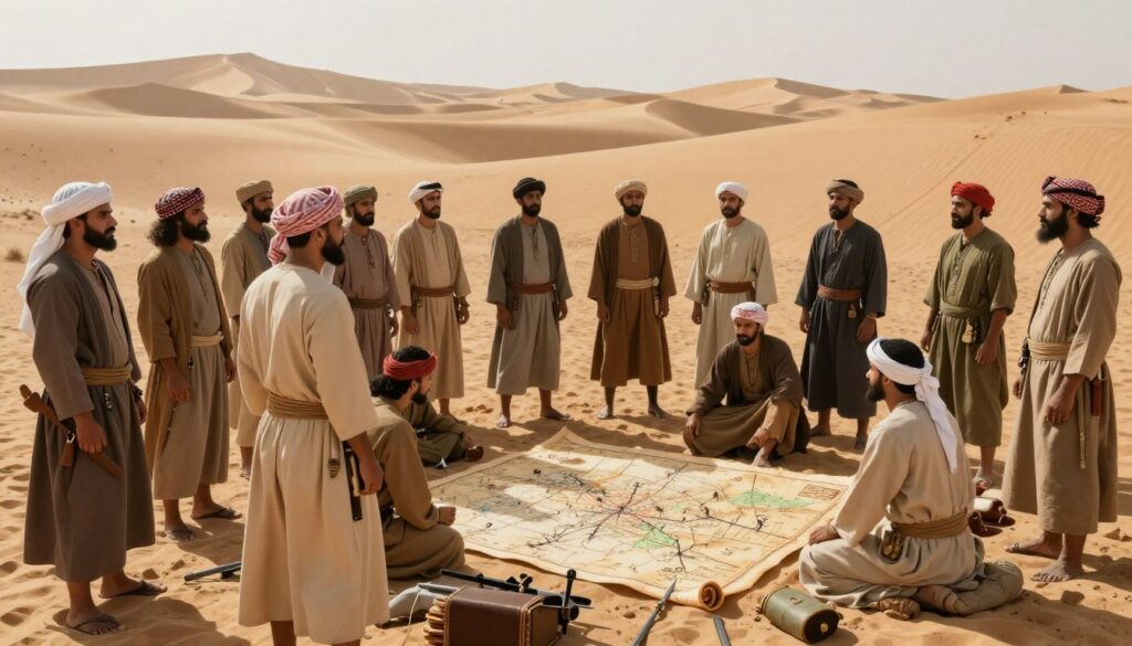 A dramatic illustration depicting the early battles and raids during the Makkan period of Islamic history. In the foreground, a diverse group of early Muslim warriors in modest attire stands resolutely, with expressions of determination and focus. Move to the middle ground where some intensely strategize around a large, ancient map laid on the ground, surrounded by weapons and supplies, emphasizing tactics and strategic planning. In the background, the sandy dunes of Arabia create a vast, immersive landscape under a scorching sun, casting long shadows. The atmosphere is tense yet hopeful, symbolizing the struggle of the time. Use warm, natural lighting to enhance the dusty hues of the environment and capture the vibrant energy of this pivotal historical moment.