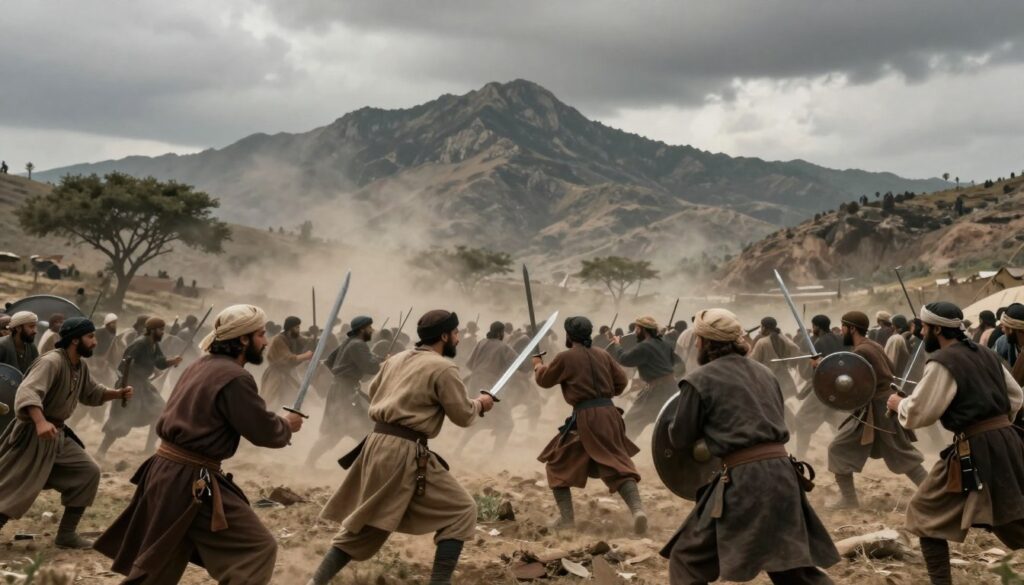 A dramatic scene depicting the Battle of Uhud in a historically accurate manner, set in a rugged mountainous landscape under a moody, overcast sky. In the foreground, a diverse group of warriors dressed in traditional, modest attire, showcasing expressions of determination and focus, is engaged in battle. The middle ground features a chaotic clash with swords and shields, illustrating the struggle and intensity of the conflict. The background features the dramatic outline of Mount Uhud looms, shrouded in mist, while a few scattered trees dot the terrain. The lighting is soft and diffused, creating a somber atmosphere that conveys the seriousness of the event. Capture this pivotal moment with a slightly elevated camera angle to enhance the sense of scale and drama.