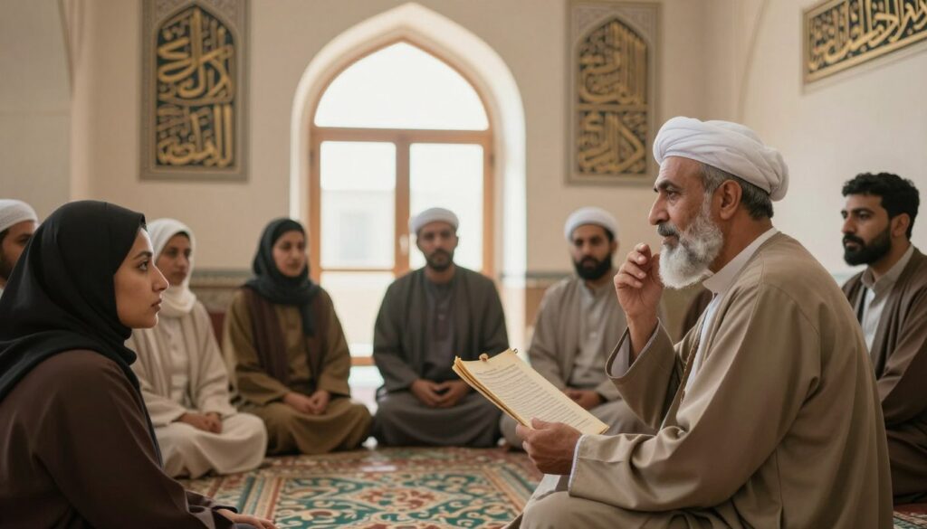 A gathering of esteemed companions from Islamic history engaged in a deep discussion, reflecting wisdom and authority. In the foreground, a wise-looking man in traditional attire, holding a scroll, gestures thoughtfully as he shares insights. To his left, a group of attentive listeners, including men and women in modest clothing, embodying patience and reflection. In the middle ground, soft natural light filters through a large archway, illuminating a simple yet elegant interior that resembles an ancient setting. The background features decorative Arabic calligraphy on the walls, enhancing the historical context of the scene. The atmosphere is serene and contemplative, inviting viewers to reflect on the profound teachings of the companions. The use of warm tones gives a feeling of inspiration and hope.
