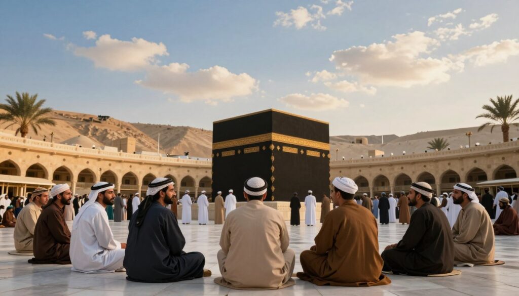 A historic scene depicting the early days of Islam in Mecca. In the foreground, a group of diverse individuals dressed in modest traditional attire, engaged in peaceful conversation and reflection. The middle ground features the Kaaba, bathed in warm golden sunlight, drawing the viewer's attention with its majestic presence. Surrounding the Kaaba, a serene landscape with gentle hills and palm trees, symbolizes the harsh yet beautiful environment of Mecca. The background showcases a clear blue sky with soft, wispy clouds, creating a tranquil atmosphere. The overall mood is one of reverence and contemplation, highlighting a pivotal time in history. Capture this scene with a wide-angle lens, utilizing soft lighting to evoke a sense of warmth and spirituality.