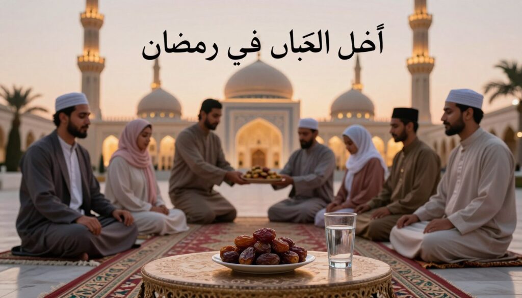 A serene Ramadan scene depicting the theme of "أفضل الأعمال في رمضان". In the foreground, a beautifully arranged table with traditional dates, a glass of water, and a prayer rug nearby. In the middle, a diverse group of individuals in modest, professional attire are engaged in acts of kindness, such as sharing food, distributing charity, and meditating, reflecting the spirit of giving. The background features a softly illuminated mosque with intricate architecture, casting a warm, inviting glow. The lighting is soft and ethereal, emphasizing a peaceful sunset, creating a tranquil and uplifting atmosphere. The overall mood is one of community, reflection, and spirituality.