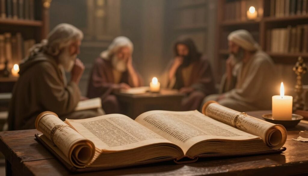 A serene and contemplative scene depicting ancient scrolls and sacred texts, representing the divine words in the holy books. In the foreground, intricately designed open books rest on a wooden table, illuminated by warm, gentle candlelight, casting soft shadows. In the middle ground, a subtle illustration of prophets, depicted in modest clothing, engaged in deep reflection over the texts. The background features an ethereal library filled with shelves of ancient manuscripts and glowing orbs of light symbolizing knowledge and enlightenment. Soft, ambient lighting creates a tranquil atmosphere, inviting viewers into a moment of spiritual contemplation. The overall mood is reverent and thoughtful, capturing the essence of miracles and teachings in a historical context.