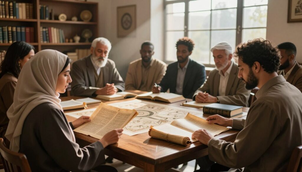A serene and contemplative study scene, featuring a diverse group of scholars in professional attire engaged in an analysis of the miracles of prophets. In the foreground, a woman of Middle Eastern descent examines ancient scrolls with an aura of focused determination, illuminated by soft, warm lighting. In the middle ground, a diverse group of men and women, showcasing various ethnicities, gather around a large oak table with intricate diagrams and books related to religious miracles. The background features shelves filled with books and artifacts, creating an atmosphere of deep scholarly exploration. Rays of sunlight filter through a large window, casting gentle shadows and enhancing the tranquil ambiance, promoting a sense of spirituality and intellectual inquiry. The overall mood is one of respect and earnestness in the pursuit of knowledge.