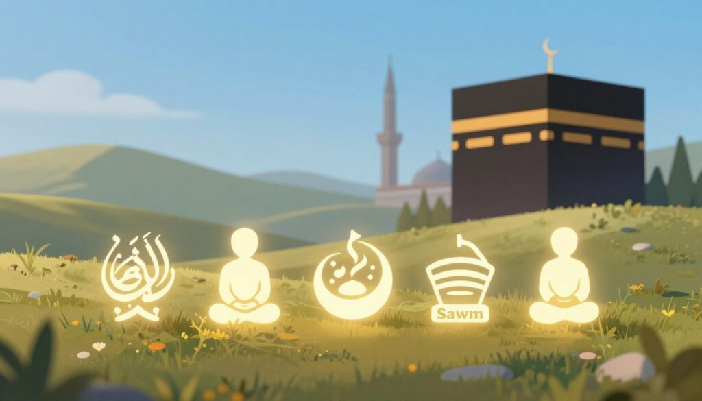 A serene and harmonious depiction of the Five Pillars of Islam, symbolizing the foundational tenets. In the foreground, visualize five gentle, luminous symbols representing each pillar: the Shahada (faith), Salah (prayer), Zakat (charity), Sawm (fasting), and Hajj (pilgrimage). Each symbol should be artistically rendered in a unique ethereal style, reflecting its significance. The middle ground features a tranquil landscape with soft, rolling hills and a clear blue sky, enhancing the sense of peace and spirituality. In the background, a mosque silhouette with a crescent moon signifies the Islamic faith. Use warm, natural lighting to create an inviting atmosphere, with a slightly elevated angle to provide depth. The scene conveys a mood of reverence and enlightenment, inviting contemplation and understanding of these essential concepts.