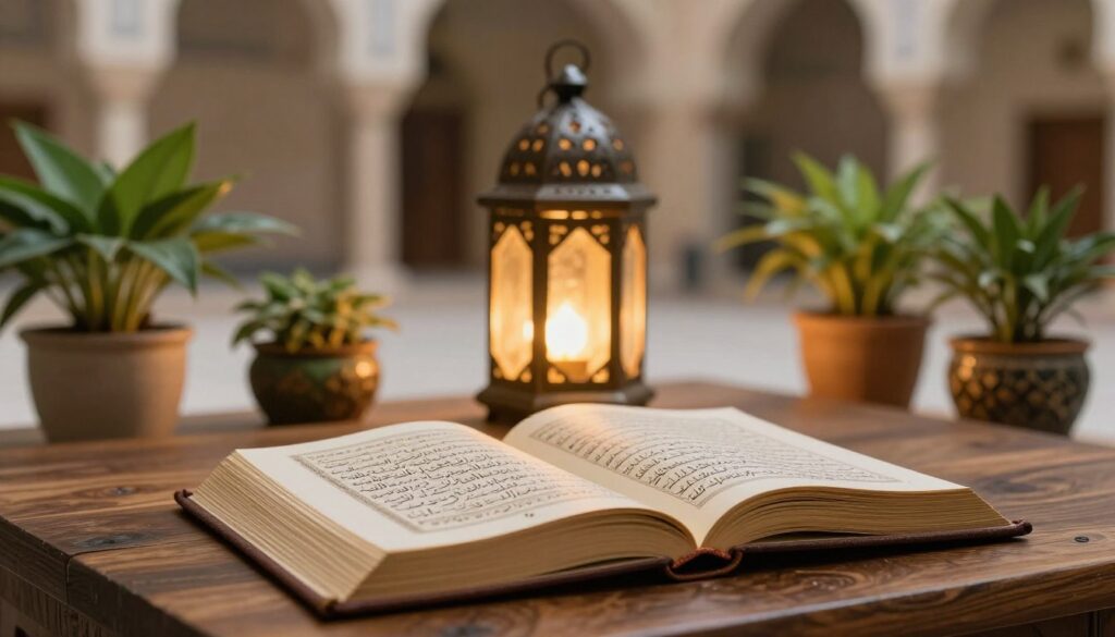A serene and inspirational scene focused on Islamic wisdom about ethics and integrity. In the foreground, elegantly designed open books displaying intricate calligraphy, showcasing profound wisdom, rest on a richly textured wooden table. In the middle ground, a softly glowing lantern casts warm light, illuminating the pages, while lush green plants in decorative pots add life and tranquility. The background features a softly blurred Islamic architectural structure, evoking a sense of spirituality and heritage. The lighting is warm and inviting, creating a peaceful atmosphere. The overall mood is reflective and uplifting, inviting contemplation of moral values.