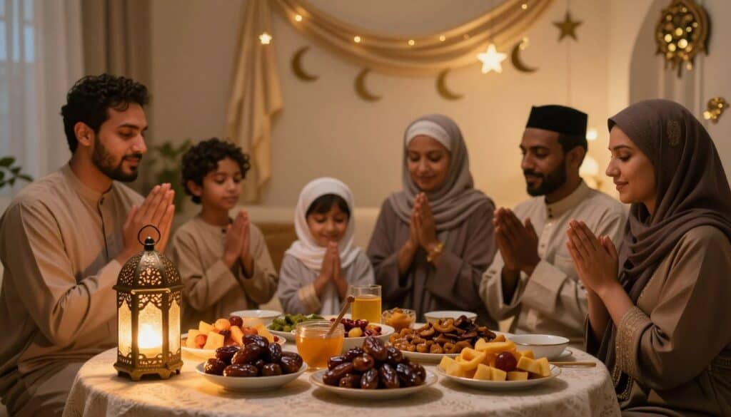 A serene and inviting scene depicting the preparation for Ramadan. In the foreground, a beautifully arranged table is set with traditional foods like dates, honey, and dried fruits, symbolizing the upcoming iftar. A warm golden light glows from an ornate lantern, creating a cozy atmosphere. In the middle ground, a family dressed in modest, traditional clothing gathers, expressing their intentions and hopes for the holy month, with smiles and gestures that convey a sense of unity and devotion. In the background, soft overhanging drapes and elegant decorations featuring crescent moons and stars create a festive ambiance. The composition should exude warmth, spirituality, and a deep sense of community, shot from a slightly elevated angle to capture all elements harmoniously.