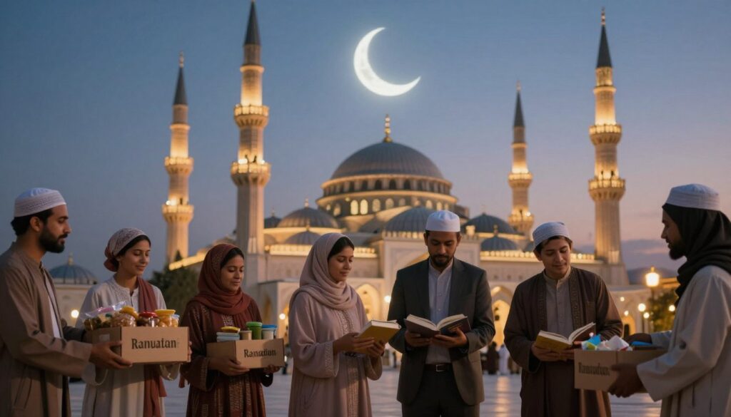 A serene and uplifting scene illustrating the benefits of good deeds during Ramadan. In the foreground, a diverse group of individuals dressed in modest, professional attire, engaging in various charitable activities, such as distributing food to families and sharing books with children. In the middle ground, a glowing crescent moon hangs in a twilight sky, symbolizing the spiritual significance of Ramadan. In the background, a beautifully lit mosque serves as a focal point, with soft lamplight illuminating the architecture, creating a warm and inviting atmosphere. The image radiates a sense of community, generosity, and harmony, enriched by rich, warm tones and a gentle, ethereal glow that enhances the mood of hope and kindness.