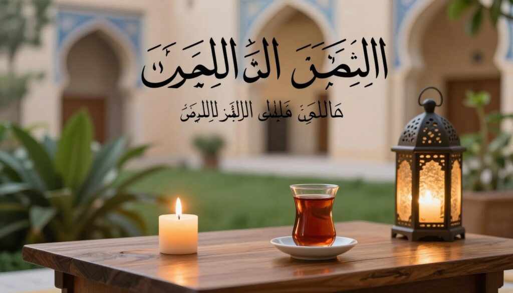 A serene, contemplative scene featuring a beautiful Arabic calligraphy piece inscribed with an Islamic proverb that inspires a positive outlook on life. In the foreground, have a polished wooden table with a lit candle and a delicate cup of tea, symbolizing tranquility. The middle ground shows lush green plants and a softly glowing lantern, casting warm, inviting light. The background features a soft-focus traditional Islamic architecture with intricate patterns and details in soft colors. The atmosphere is peaceful and reflective, evoking a sense of wisdom and mindfulness. The lighting is warm and gentle, capturing a tranquil moment in time, inviting viewers to ponder the profound impact of these teachings.