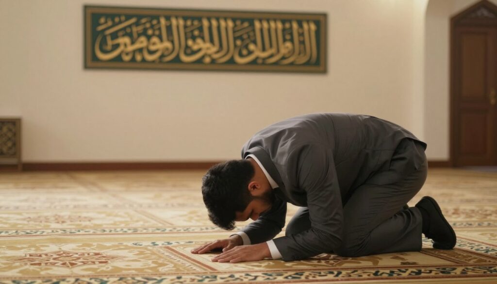A serene indoor setting depicting a Muslim individual in professional business attire gracefully performing the Sunnah prayers. The scene is set in a prayer hall with a beautifully designed prayer rug, adorned with intricate geometric patterns. In the foreground, the individual is shown in a humble bowing position (Ruku), with the light softly illuminating their focused expression. In the middle ground, a decorative wall with calligraphy of prayer verses serves as a backdrop, symbolizing spirituality. The soft, warm lighting creates a peaceful atmosphere, enhancing the inner tranquility associated with prayer. The camera angle captures the depth of the room while ensuring the individual's posture is clearly visible. The overall mood is reverent and calm, reflecting the significance of Sunnah prayers in spiritual practice.