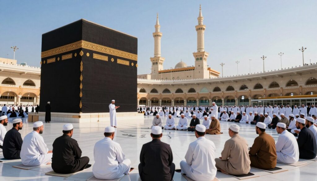 A serene landscape showcasing the essential duties of Hajj, emphasizing the distinction between obligatory actions and pillars. In the foreground, a diverse group of pilgrims in modest traditional clothing perform Tawaf around the Kaaba, showing their devotion. In the middle ground, a peaceful scene unfolds with pilgrims learning and discussing the principles of Hajj, surrounded by informative symbols representing each duty. The background features a clear, blue sky and the grandeur of the Masjid al-Haram, bathed in warm sunlight, creating an inviting atmosphere. The image captures a sense of unity, reverence, and spirituality, with soft lighting enhancing the sacredness of the setting. The angle is slightly elevated to encapsulate both the scale of the Kaaba and the gathering of worshippers harmoniously.