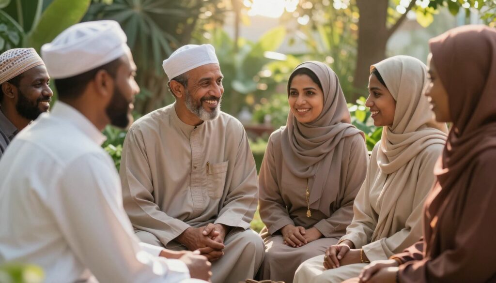 A serene scene depicting the noble character and interactions of the Prophet Muhammad ﷺ with people. In the foreground, a group of diverse individuals from various backgrounds engaged in respectful conversation, highlighting compassion, kindness, and understanding. A middle-aged man in modest, traditional attire is exchanging smiles with a woman dressed in a simple yet elegant outfit, both exuding warmth and cooperation. In the background, lush greenery frames the scene, symbolizing growth and harmony. Soft, warm sunlight filters through, creating an inviting atmosphere that reflects the principles of respect and empathy central to the Prophet's dealings. The angle captures the essence of connection, with a gentle focus on the expressions of joy and unity among the individuals.