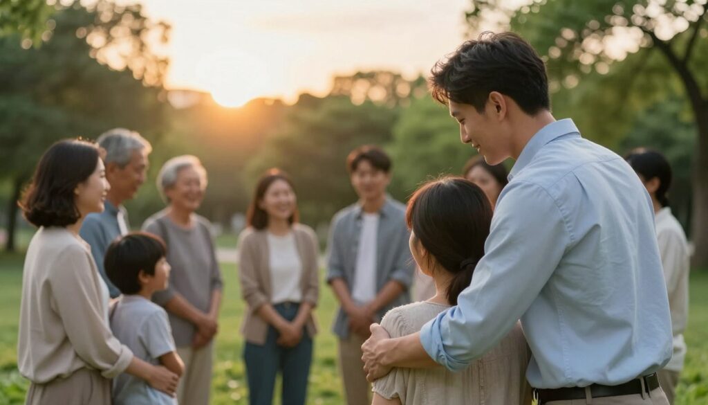A serene scene illustrating mercy and humility, featuring a diverse group of people engaging in a warm, compassionate interaction in a lush, green park. In the foreground, a kind-faced man in professional attire is gently helping a woman with a child, demonstrating understanding and kindness. The middle ground shows people of various ages sharing smiles and gestures of support, symbolizing community and togetherness. In the background, a soft sunset casts a warm, golden glow over the scene, creating an inviting and peaceful atmosphere. The lighting is soft and natural, with soft focus effects to enhance the emotional depth of the image. Aim for a harmonious balance, reflecting the essence of kindness and gentle interactions.