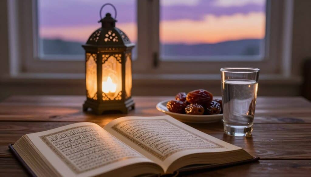 A serene study environment featuring a wooden table adorned with traditional Islamic religious texts about fasting. In the foreground, an open book with beautifully illuminated Arabic calligraphy on the subject of "Ahkam Fiqh al-Sawm" (the jurisprudence of fasting). In the middle section, a softly glowing lantern casts warm light, illuminating a decorative plate of dates and a glass of water patiently waiting for iftar. In the background, a window reveals a twilight sky with gentle hues of purple and orange, suggesting the arrival of Ramadan. The atmosphere is peaceful and contemplative, inviting the viewer to reflect on the significance of the month. The focus is on the elements of study and spirituality, evoking a sense of reverence and preparation for the holy month.