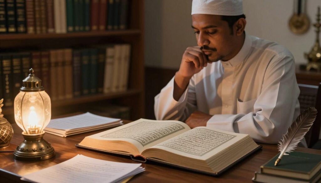 A serene study scene depicting an open book of hadith on a wooden desk, surrounded by written notes and a quill. In the foreground, a soft lamp casts a warm glow over the pages, illuminating the text "من صام رمضان إيمانًا واحتسابًا" in Arabic script. In the middle, a thoughtful scholar, dressed in modest traditional attire, is seen in profile, deeply engaged in contemplation, his hand resting on his chin as he studies the text. In the background, shelves filled with classical Islamic literature line the walls, bathed in gentle, diffused lighting. The atmosphere conveys a sense of reverence and introspection, ideal for reflecting on the interpretation of the hadith by scholars and narrators. The image captures a tranquil scholarly environment, inviting viewers to ponder the profound meaning of the blessed month of Ramadan.