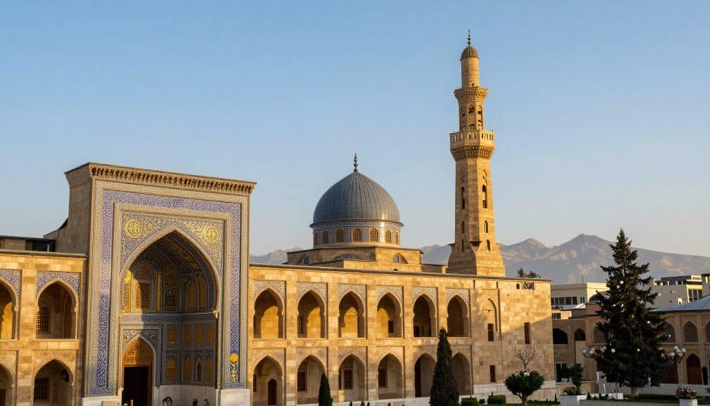 A stunning view of the Umayyad Mosque in Damascus, showcasing its impressive architecture and intricate mosaics. The foreground features the mosque's ornate entrance and grand arches, while the middle ground reveals the majestic dome and the tall minaret, bathed in warm, golden light during the late afternoon. In the background, soft, hazy mountains loom under a clear blue sky, creating a serene atmosphere. The overall mood is one of awe and reverence, emphasizing the beauty of Islamic art and architecture. The image should be captured from a low angle to highlight the mosque's grandeur and details, with a soft focus on the surrounding gardens to enhance the peaceful setting. No people are present, allowing the architectural details to take center stage.