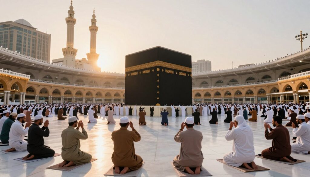 An artistic representation of the four essential pillars of Hajj, focusing on the Kaaba at the center, surrounded by pilgrims. In the foreground, depict diverse individuals in modest attire, performing Tawaf, circling the Kaaba with devotion. The middle section showcases the vast crowd of worshippers engaged in prayer and reflection, with dynamic poses to convey movement and solemnity. In the background, highlight the grand architecture of the Masjid al-Haram, under a soft, diffused golden hour light that casts a warm, inviting glow. The atmosphere is one of spiritual significance and unity, capturing the reverence of this sacred journey. Use a wide-angle perspective to emphasize the scale and collective experience of Hajj, ensuring no text or embellishments are present.