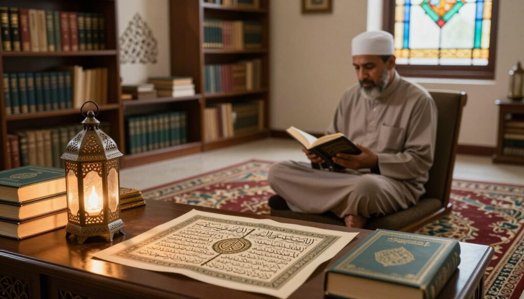 An ornate, serene study filled with books on Islamic teachings, emphasizing the concept of the Sunnah. In the foreground, a well-organized desk with traditional calligraphy art depicting key principles of the Sunnah, along with a softly glowing lantern casting a warm light. The middle ground features a plush, inviting carpet and a cozy chair where a modestly dressed Muslim scholar is reading intently, representing deep engagement with the teachings. In the background, shelves lined with ancient texts and decorative Islamic motifs provide context, with natural light streaming through a stained glass window, creating a tranquil, reflective atmosphere. The overall mood is inspiring and contemplative, perfect for conveying the significance of the Sunnah in enhancing a Muslim's life.