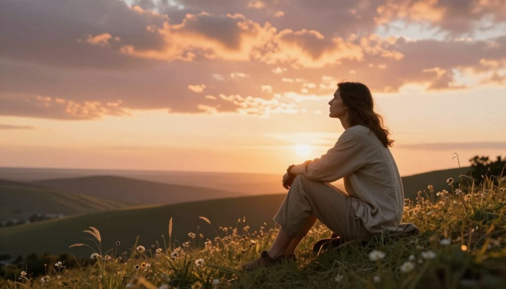 In a serene landscape symbolizing faith and destiny, depict a thoughtful individual dressed in modest casual clothing, sitting peacefully on a hillside at sunset, with a soft golden light enveloping them. The foreground features gentle wildflowers swaying in the breeze. In the middle ground, rolling hills stretch towards a calm horizon, embodying hope. The background shows a vibrant sky, with clouds illuminated by warm hues of orange and pink, representing divine presence and guidance. The atmosphere conveys a sense of tranquility and resilience, as the individual gazes thoughtfully into the distance, reflecting the inner strength found through belief in God and destiny. The scene should evoke warmth, inspiration, and a deep connection to spirituality.