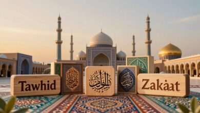 صورة توضيحية: مصطلحات إسلامية يجب أن يعرفها كل مسلم — رسومية تعبيرية تربط بين اللغة والشرع لتبيين أهمية الدقة اللفظية