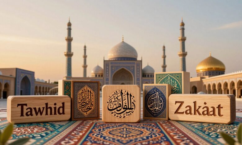 صورة توضيحية: مصطلحات إسلامية يجب أن يعرفها كل مسلم — رسومية تعبيرية تربط بين اللغة والشرع لتبيين أهمية الدقة اللفظية