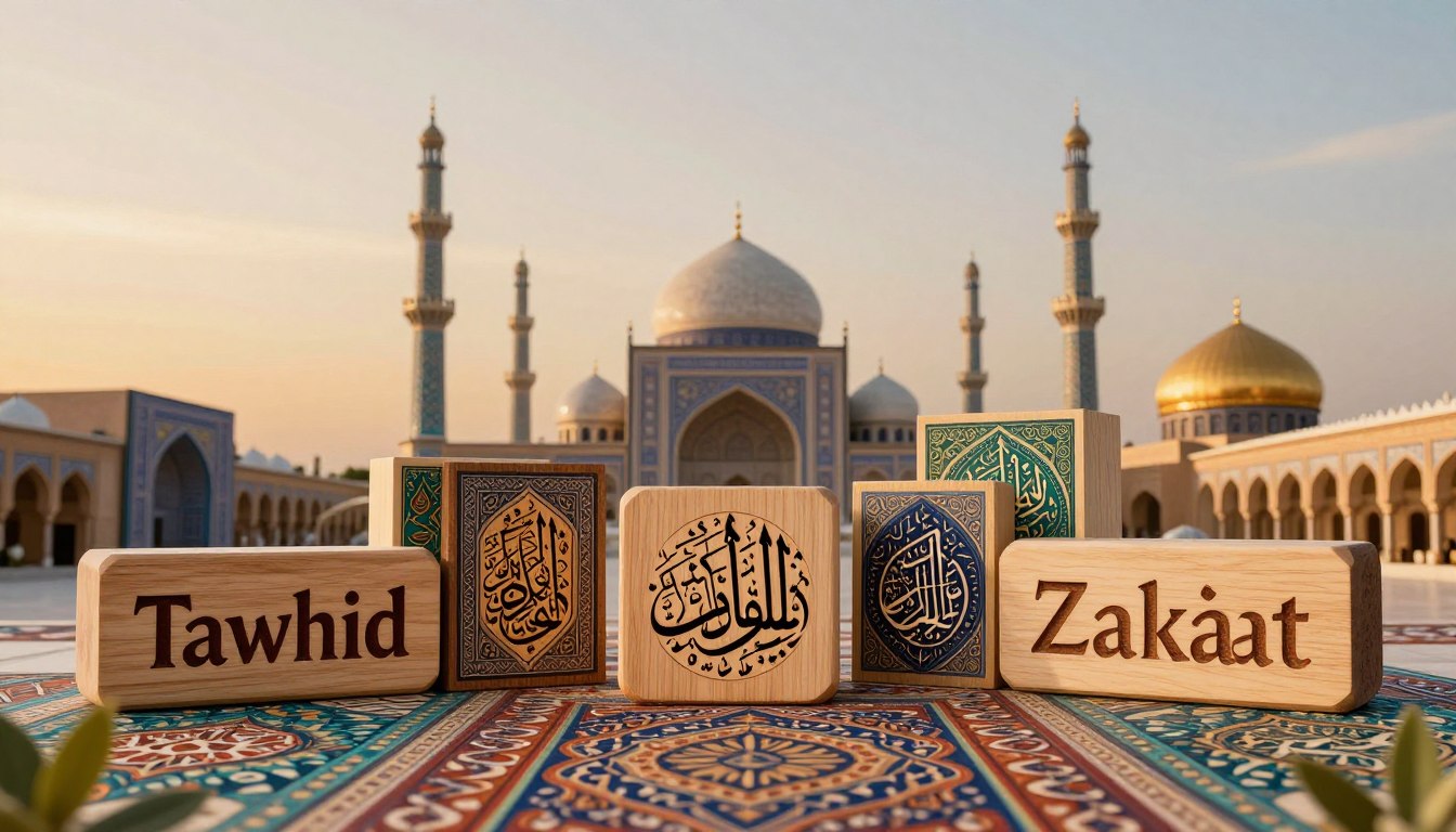 صورة توضيحية: مصطلحات إسلامية يجب أن يعرفها كل مسلم — رسومية تعبيرية تربط بين اللغة والشرع لتبيين أهمية الدقة اللفظية