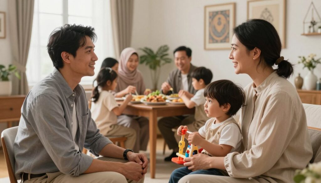 A harmonious family scene in a cozy, well-lit living room, reflecting the essence of familial integration. In the foreground, a husband and wife are engaged in meaningful conversation, dressed in modest, professional attire, showcasing mutual respect and partnership. The wife is gently holding a child, who plays with educational toys, symbolizing nurturing and shared responsibilities. In the middle ground, a dining table displays a family meal, representing unity and shared values. The background features a warm color palette with soft lighting, creating a peaceful atmosphere. Large windows let in natural light, enhancing the mood of warmth and togetherness. Include subtle decorative elements that reflect traditional Islamic art, ensuring a culturally respectful depiction.