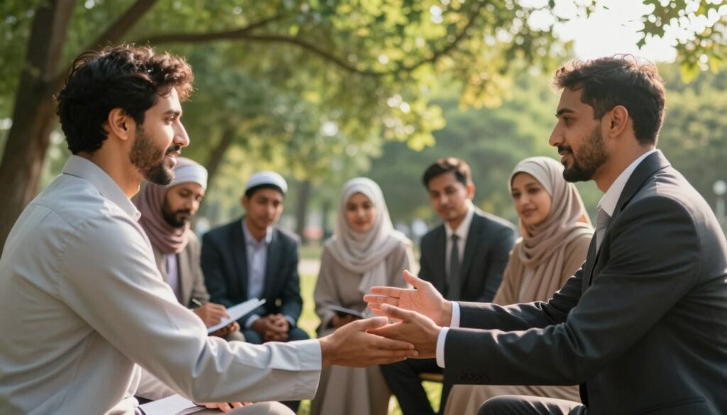 A harmonious scene depicting Islamic ethics, with a diverse group of individuals in professional business attire or modest casual clothing, engaging in meaningful discussions in a serene outdoor setting. In the foreground, a respectful exchange between two characters, one offering a gesture of support and the other listening attentively. The middle ground features additional figures engaged in collaborative activities, symbolizing unity and the strength of ethical values. Lush, green trees create a tranquil backdrop, while gentle sunlight filters through the leaves, casting warm rays on the scene. The atmosphere is uplifting and reflective, highlighting the protective role of ethics in nurturing a cohesive community strong against external influences and intellectual colonialism. Capture this moment with a soft focus, emphasizing warmth and connection.