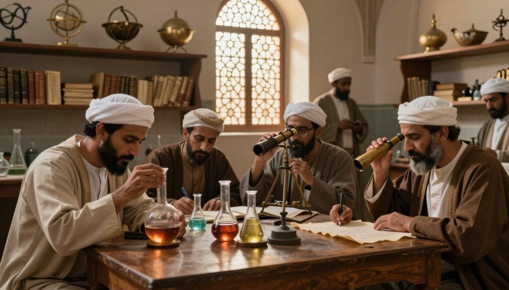 A historical Islamic scientific laboratory scene, showcasing a diverse group of scholars in traditional clothing engaged in the scientific method. In the foreground, a Muslim scientist carefully observes a glass flask on a wooden table, filled with colorful liquids. To the side, another scholar writes observations on parchment, while a third looks through a telescope. The middle ground features shelves lined with ancient texts and astrolabes, illustrating the rich intellectual heritage. The background reveals an ornate window with intricate geometric patterns, allowing soft golden sunlight to cast dramatic shadows. The atmosphere is serene, emphasizing focus and collaboration, capturing the essence of scholarly pursuit in the early Islamic world.